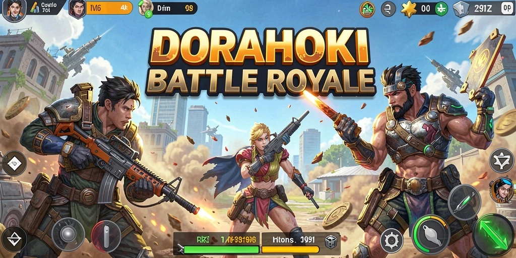 Screenshot gameplay DORAHOKI yang menunjukkan aksi seru di medan perang.