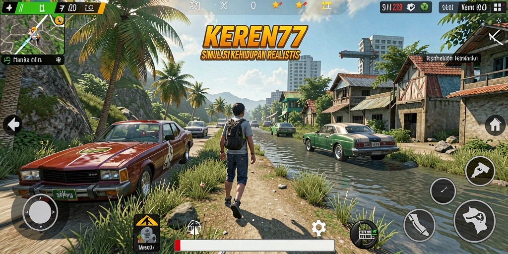 Tampilan gameplay <strong>KEREN77</strong> menunjukkan interaksi karakter dan lingkungan yang kaya.