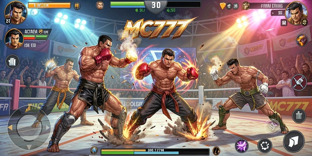 Screenshot gameplay MC777 menunjukkan pertarungan seru dengan karakter yang beraksi.