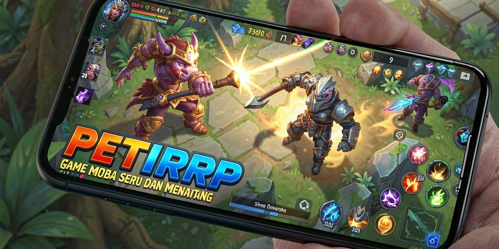 Tangkapan layar utama PETIRRP menampilkan aksi seru dalam pertarungan tim MOBA.